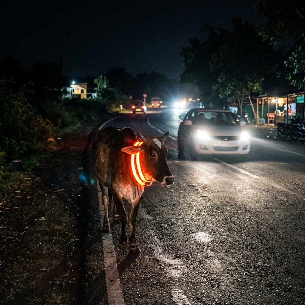 Cow wearing Anisafe reflective collar at night in India